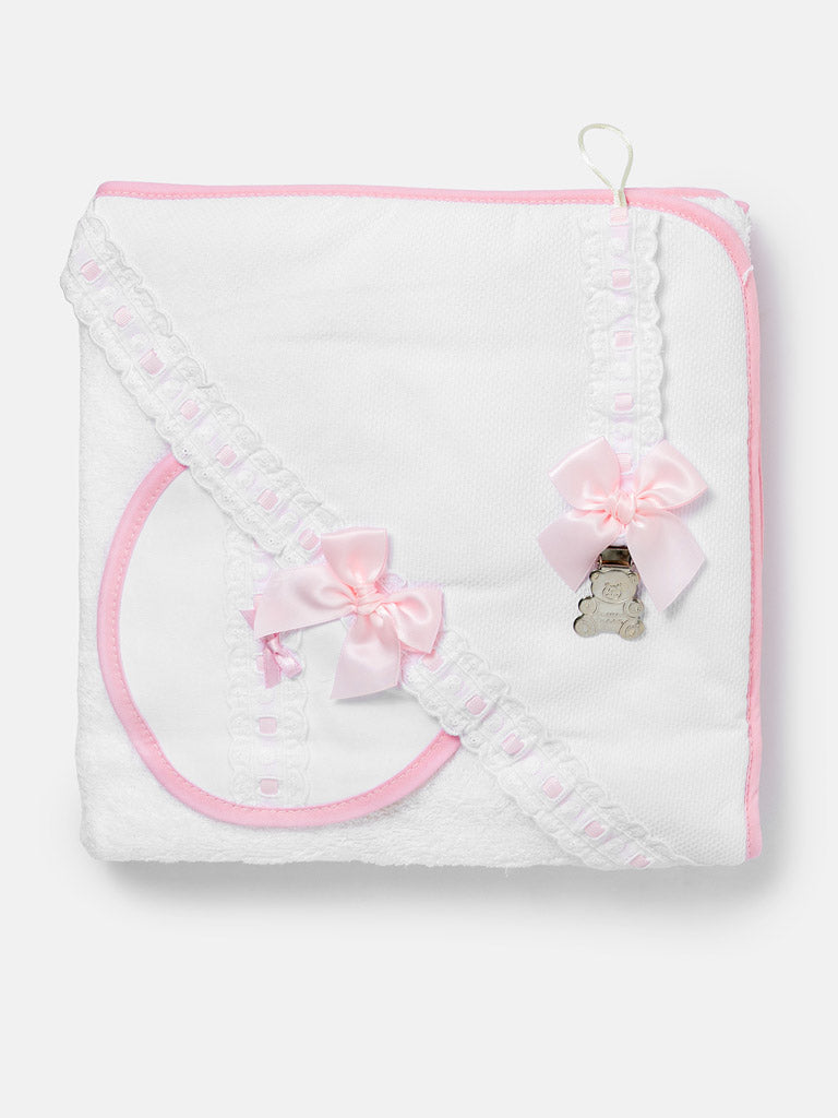 Girls Baby Pink & White 3-piece Bath Set - Hooded Towel, Bib & Dummy Clip