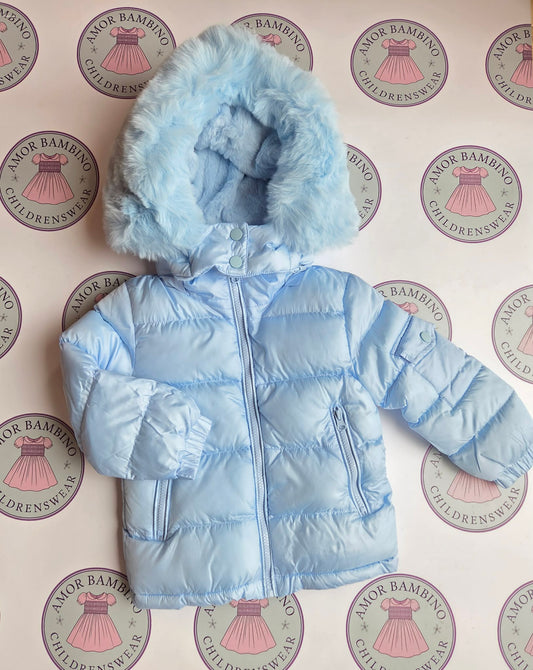 Boys Baby Blue Faux Fur Hooded Coat