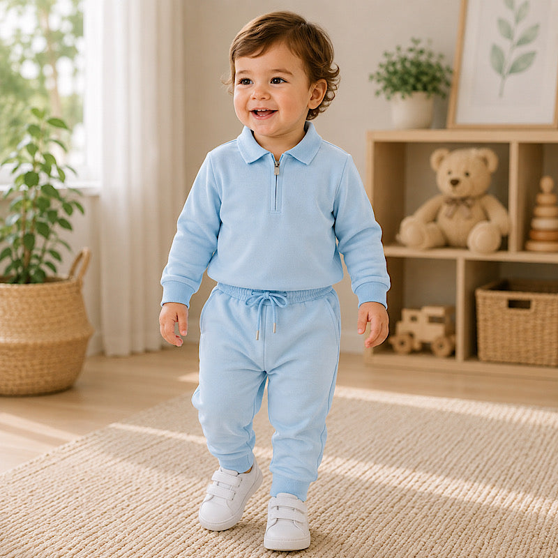 Baby Boys Blue Zip Neck Polo 2 Piece Tracksuit Set