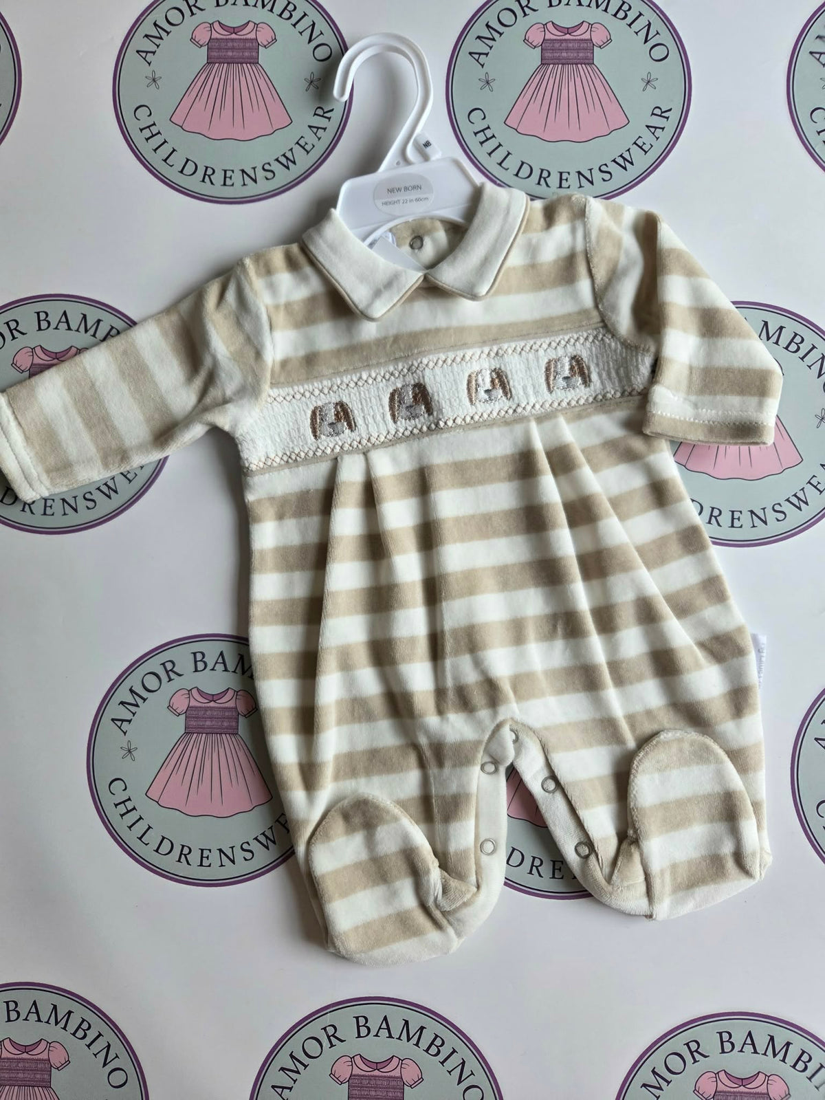 Baby Beige Dog Smocked Babygrow