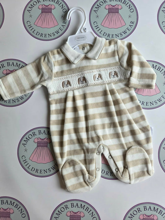 Baby Beige Dog Smocked Babygrow