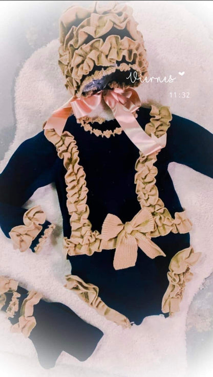 Ela Navy & Camel Hand Knitted Romper Set - AW