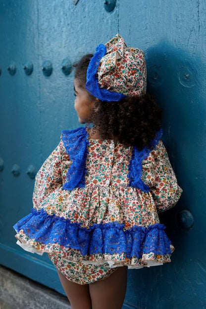 Ela Confeccion AW25 Girls Floral Blue Ruffle Dress Set - (Made to order)