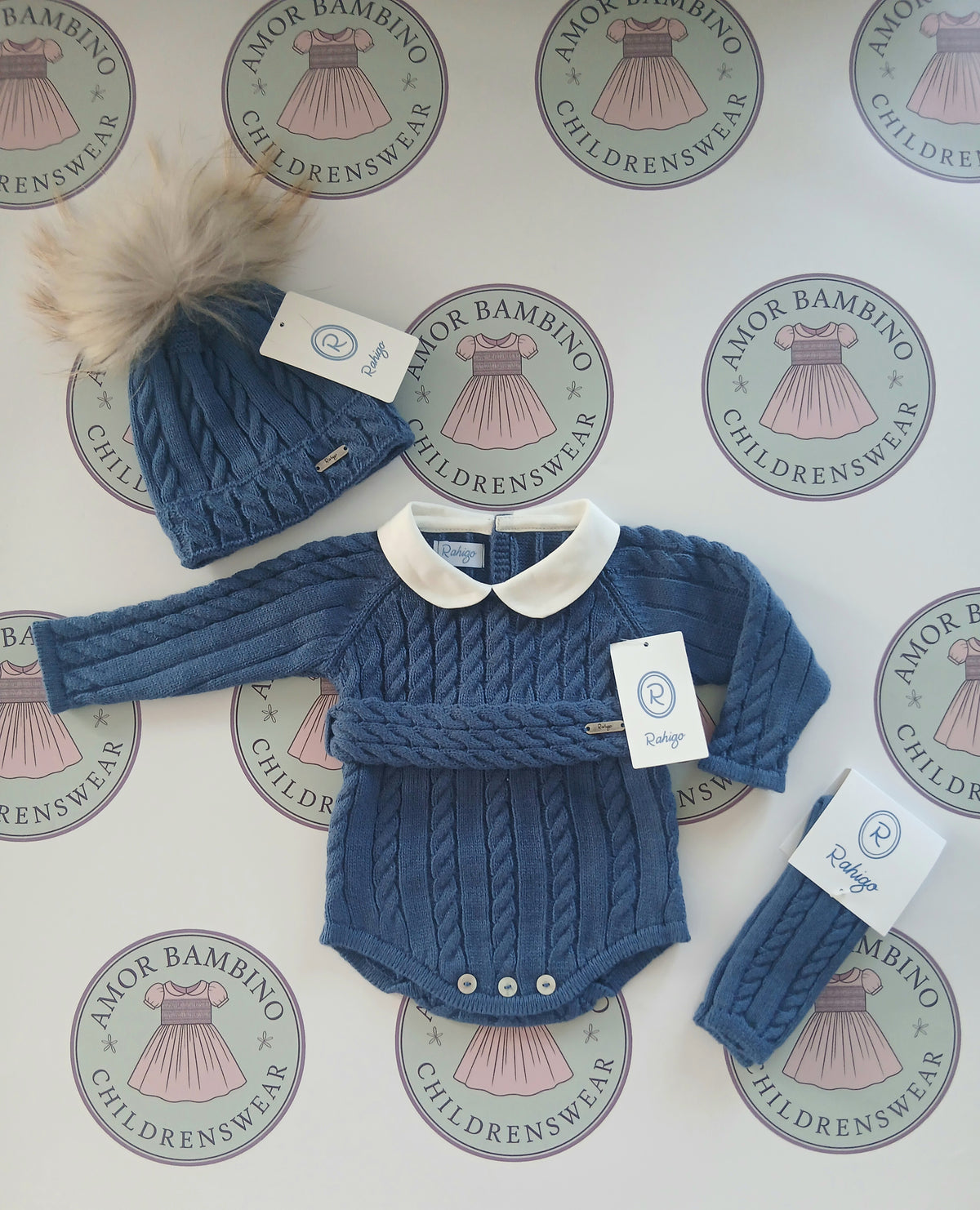 Rahigo Baby Boys Oxford Blue Romper, Pom Hat & Socks Set - AW26 In Stock