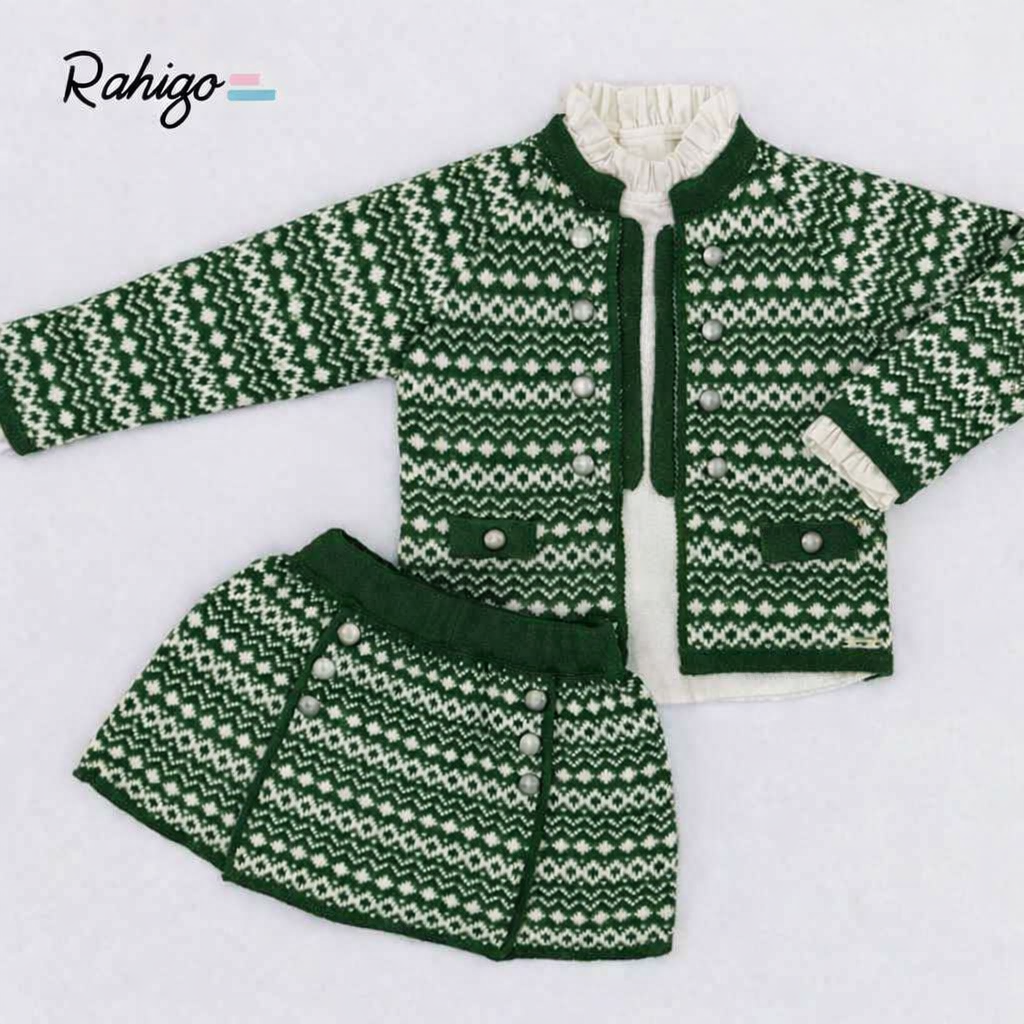 Rahigo Girls Bottle Green & Cream Cardigan, Blouse & Skirt Set - AW26 (Preorder)