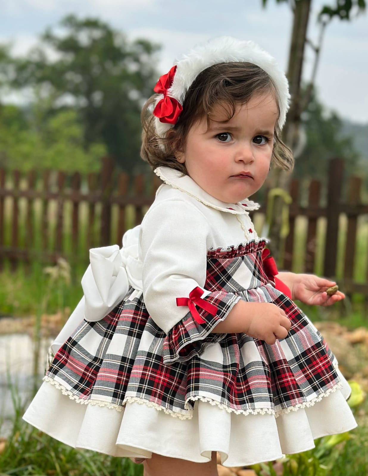 Girls White Tartan Puffball Dress AW (Made to order)