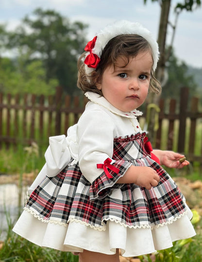 Girls White Tartan Puffball Dress AW (Made to order)
