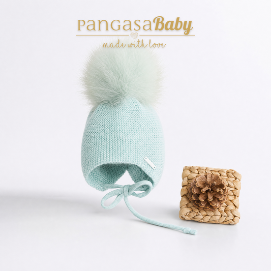 Pangasa Baby Powdered Green Natural Fur Pom String Tie Hat - Preorder