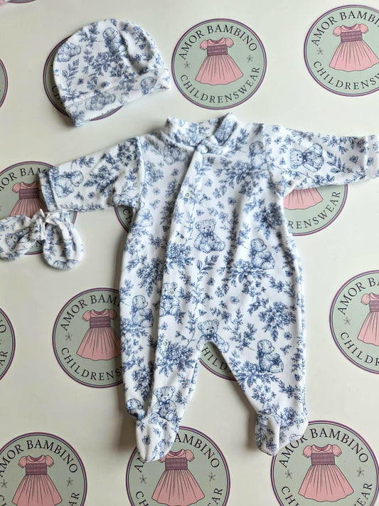 Boys Baby Blue Teddy Velour Babygrow 3 piece Set