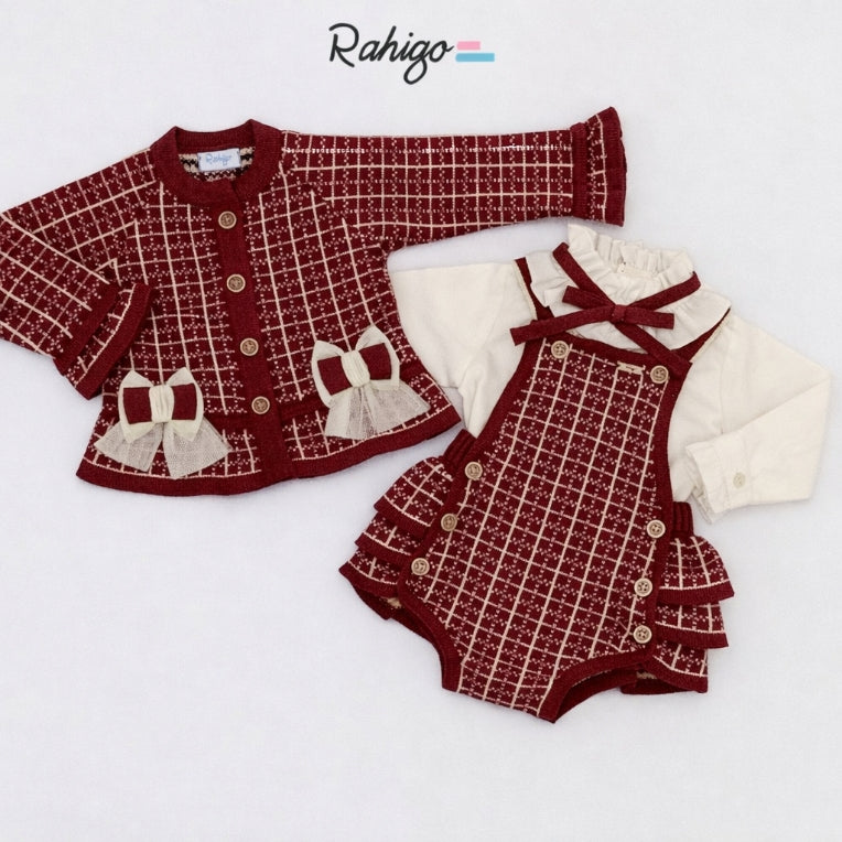 Rahigo Baby Girls Burgandy & Cream Cardigan, Blouse & Pinafore Set - AW26 (Preorder)