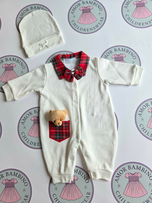 Ivory & Red Tartan Teddybear Babygrow
