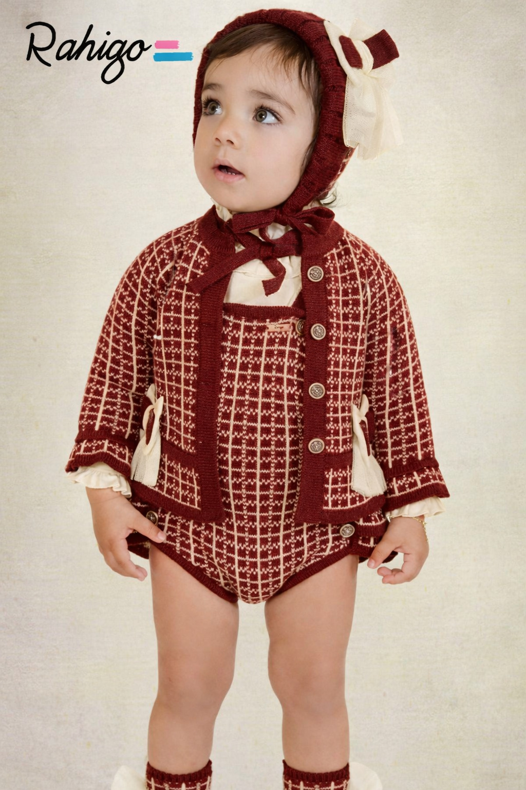 Rahigo Baby Girls Burgandy & Cream Cardigan, Blouse & Pinafore Set - AW26 (Preorder)
