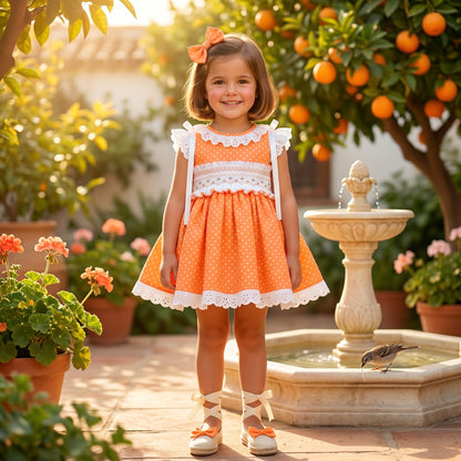 Sonata Girls Orange Smocked Polka Dot Dress & Hairbow SS26 - (Made To Order)