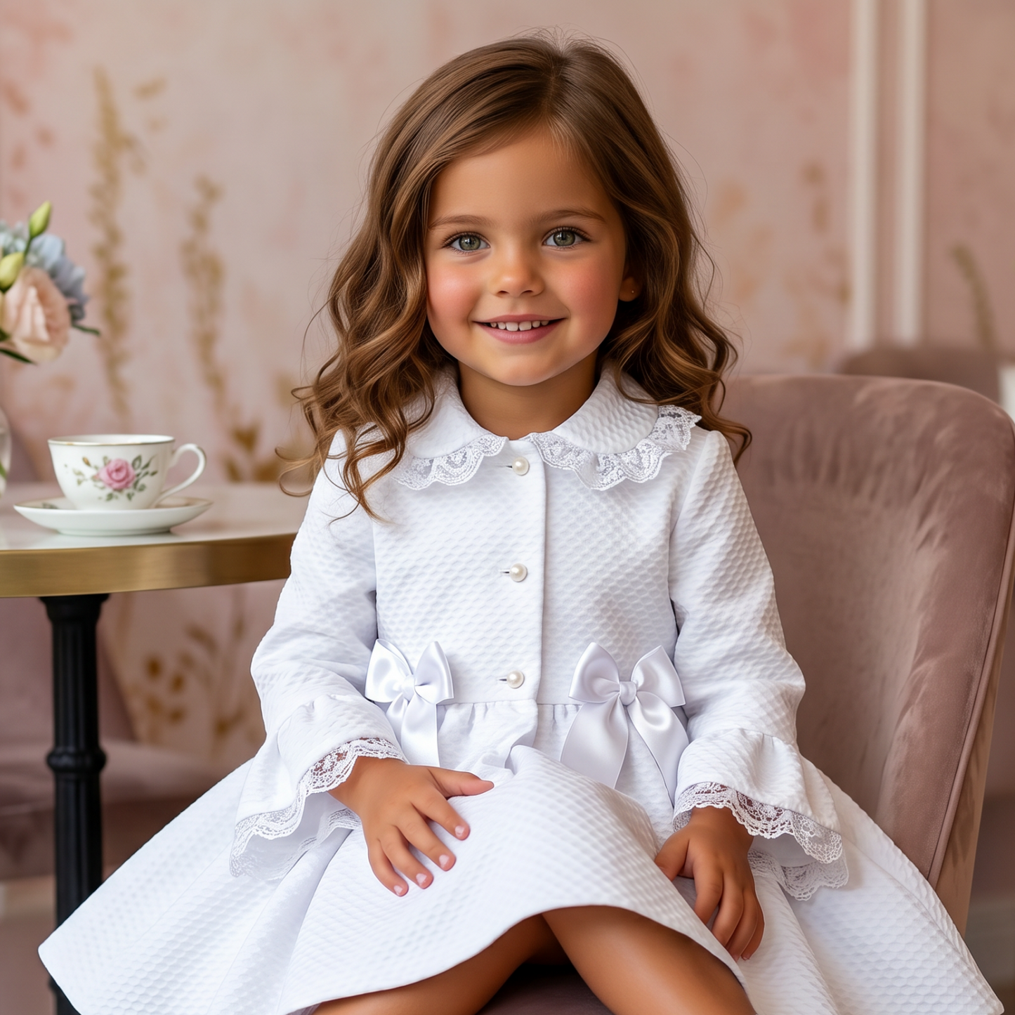 Sonata Girls White Pique Lace Coat SS26 - (Made To Order)