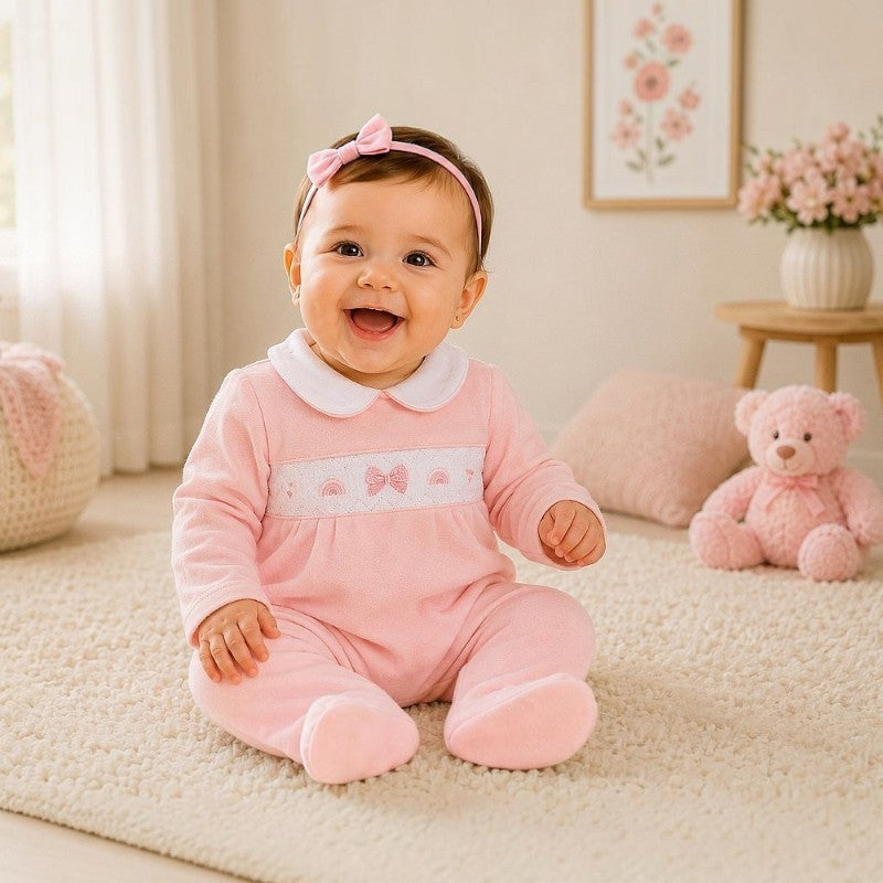 Baby Girls Pink Bows & Rainbow Smocked Babygrow