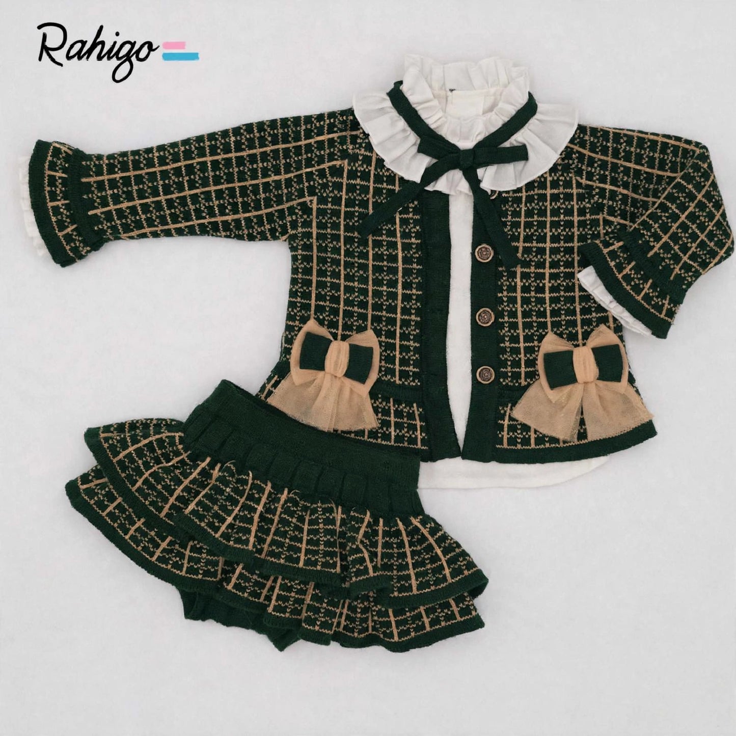 Rahigo Girls Bottle Green & Camel Cardigan, Blouse & Skirt Set - AW26 In Stock
