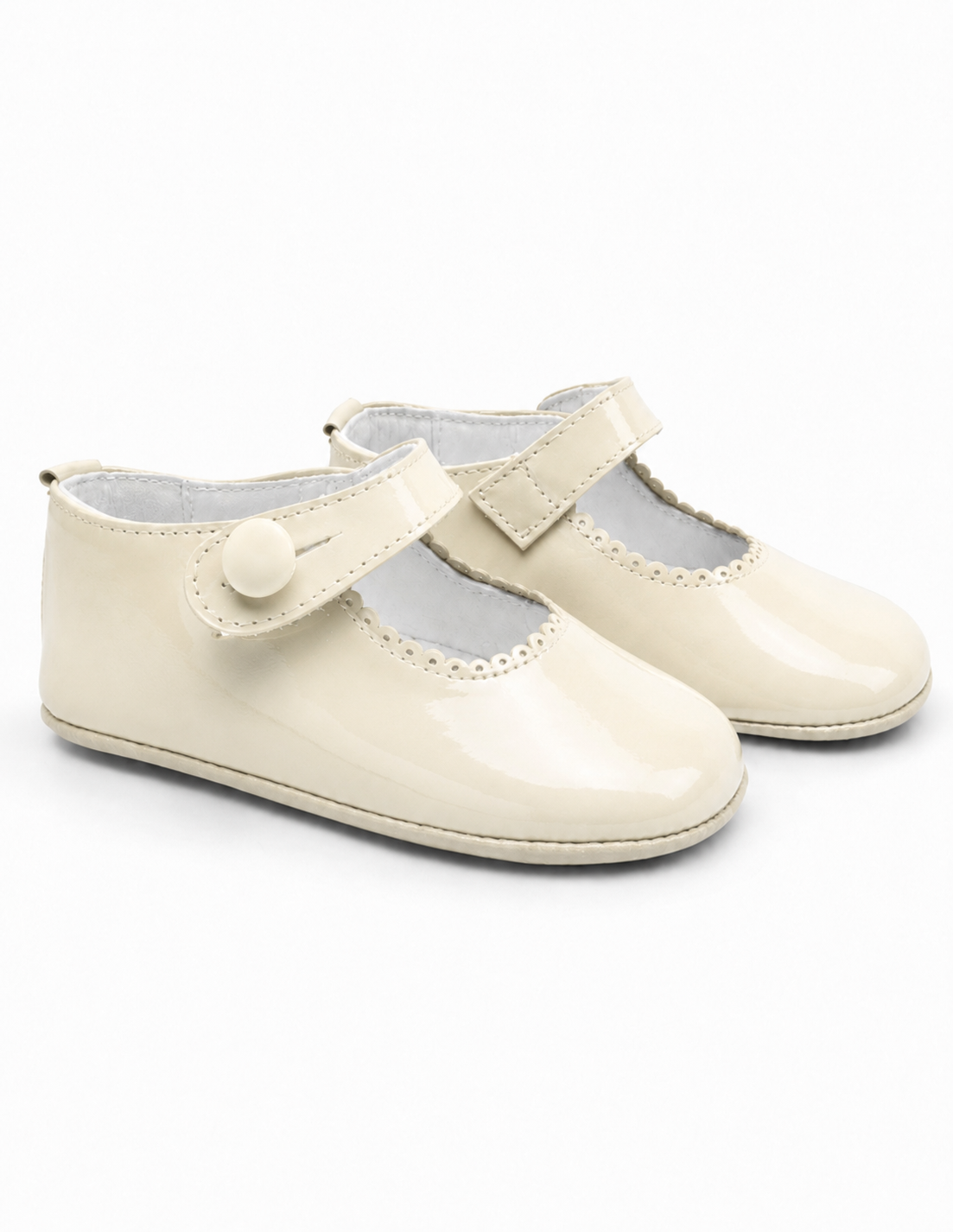 Cream Patent Leather Baby Girls Button Pram Shoes (Preorder)