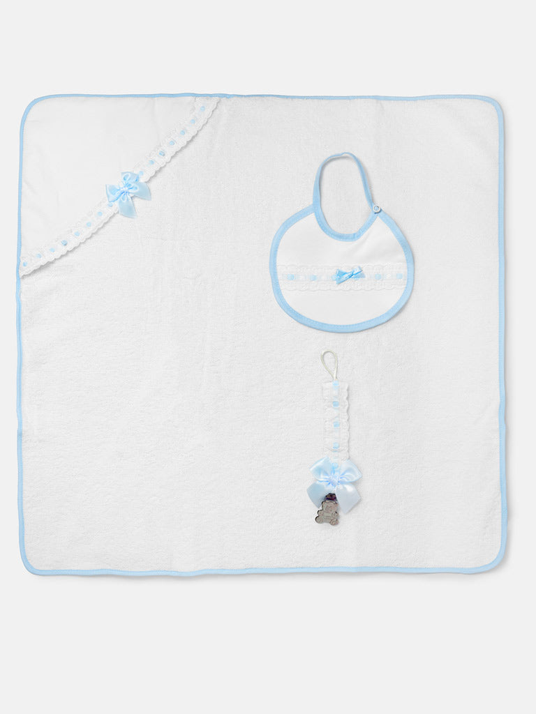 Boys Baby Blue & White 3-piece Bath Set - Hooded Towel, Bib & Dummy Clip