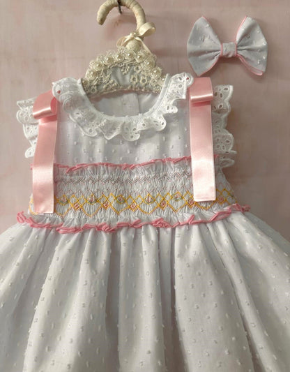 Sonata Girls White Plumetti Smocked Dress & Hairbow SS26 - (Made To Order)