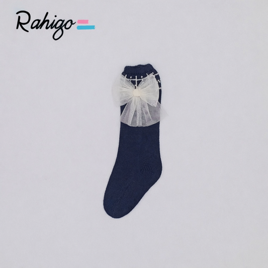 Rahigo Girls Navy & Cream Tulle Bow Socks - AW26 (Preorder)