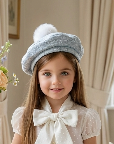 Girls Sonata Handmade Baby Blue Pom Beret Hat SS26 (Made to order)