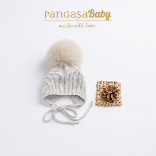 Pangasa Baby Camel Natural Fur Pom String Tie Hat - Preorder