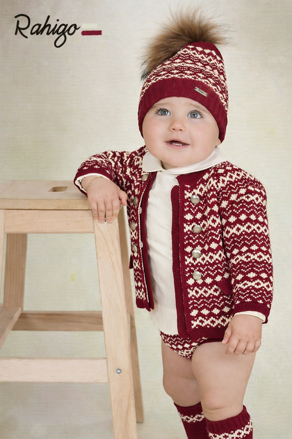 Rahigo Baby Boys Burgundy Red & Cream Cardigan, Shirt, Shorts, Pom Hat & Socks Set - AW26 (Preorder)