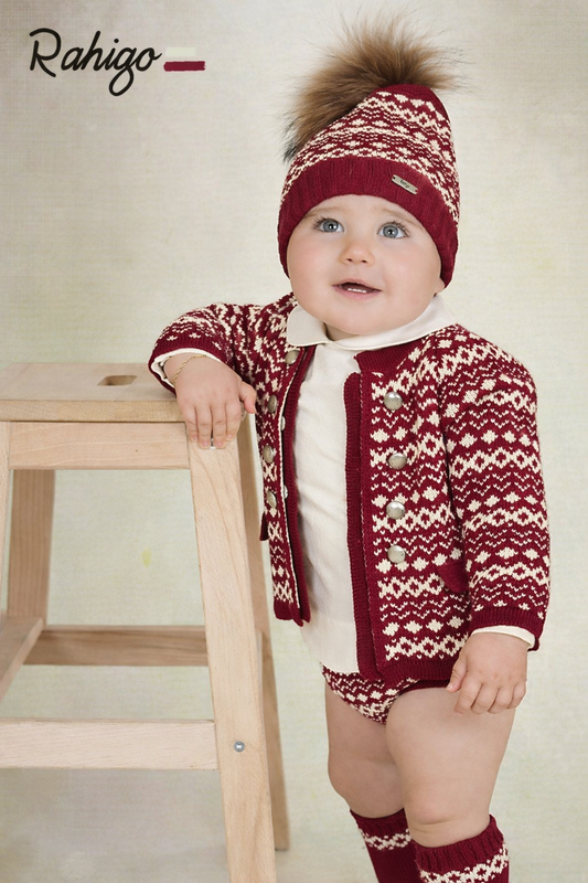 Rahigo Baby Boys Burgundy Red & Cream Cardigan, Shirt, Shorts, Pom Hat & Socks Set - AW26 (Preorder)