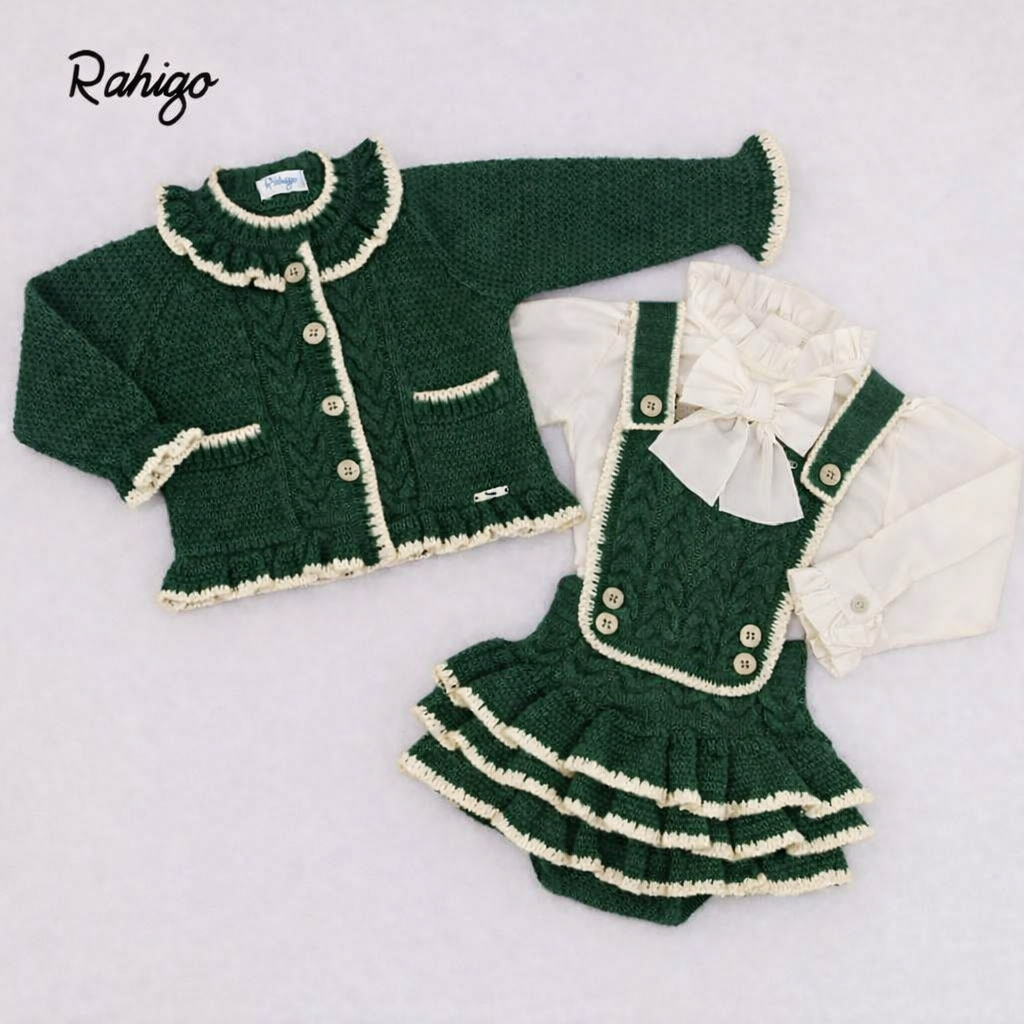 Rahigo Girls Bottle Green & Cream Cardigan, Blouse & Pinafore Set - AW26 (Preorder)