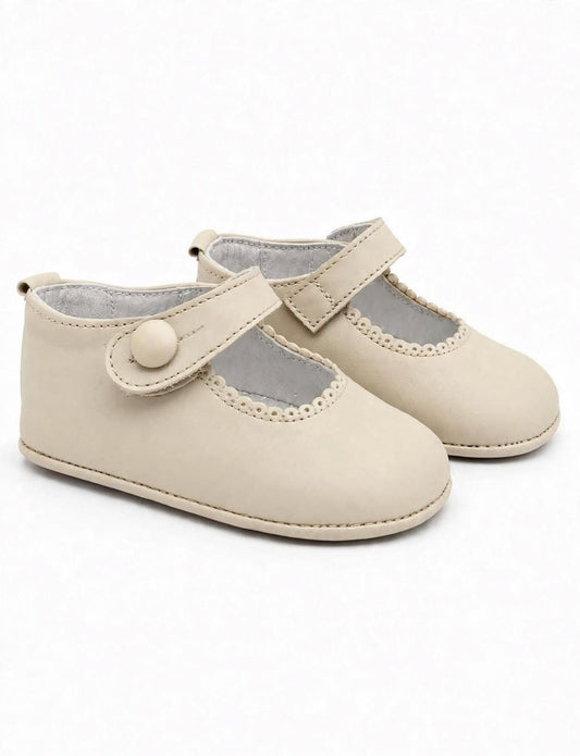 Cream Leather Baby Girls Button Pram Shoes - In Stock