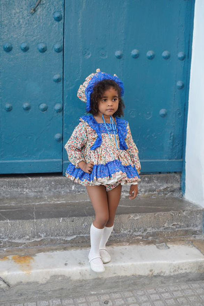 Ela Confeccion AW25 Girls Floral Blue Ruffle Dress Set - (Made to order)