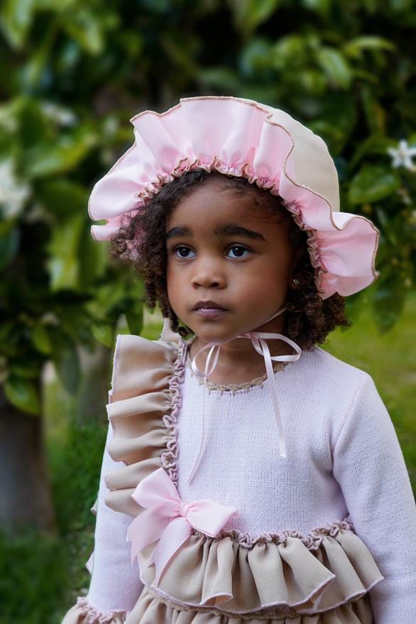 Ela Confeccion AW25 Girls Baby Pink & Camel Knitted Ruffle Dress Set - (Made to order)