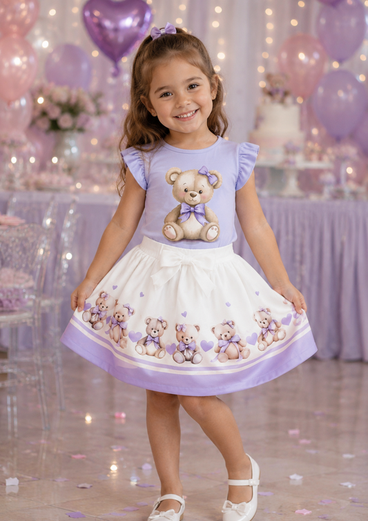 Purple Teddybear Top & Skirt Set