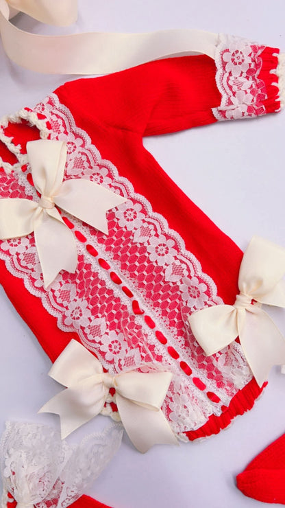 Ela Confeccion Red Hand Knitted Romper & Bonnet - (Made To Order)