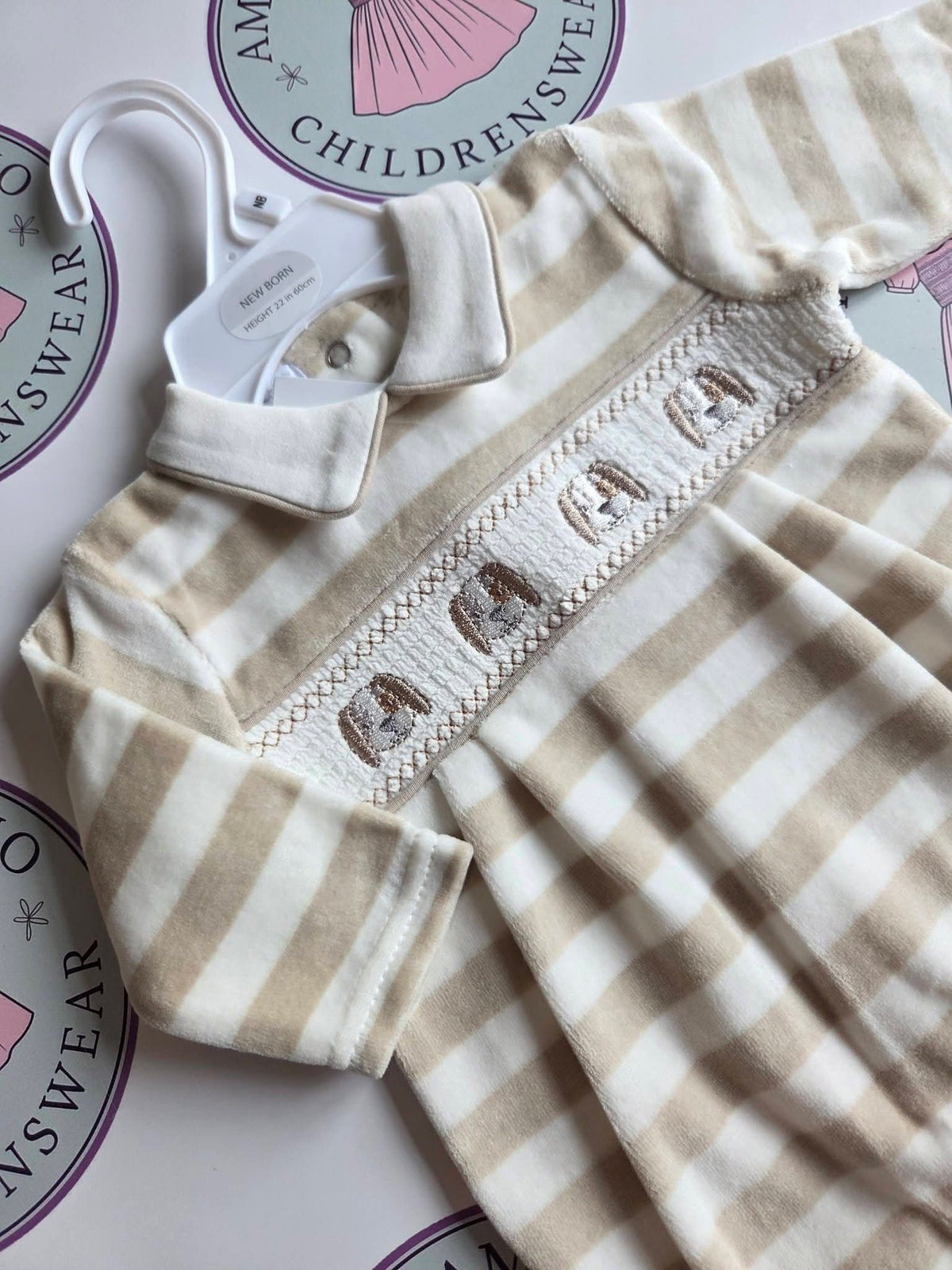 Baby Beige Dog Smocked Babygrow