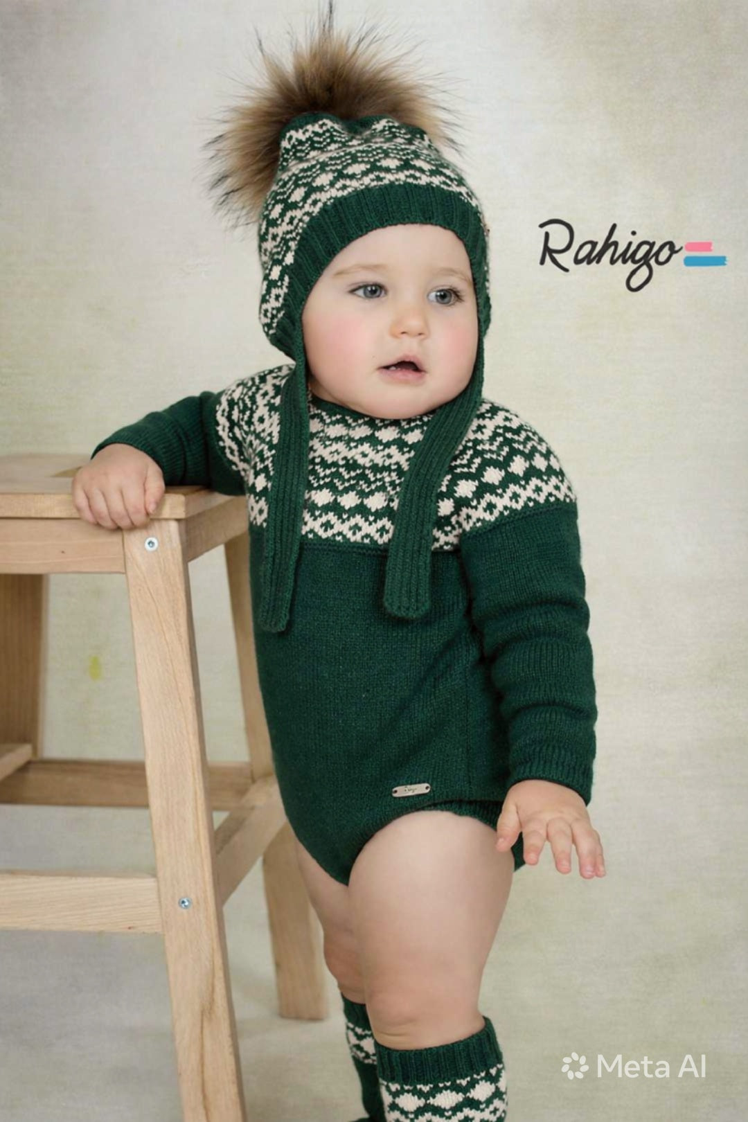 Rahigo Baby Boys Bottle Green & Cream Romper, Pom String Hat & Socks - AW26 (Preorder)
