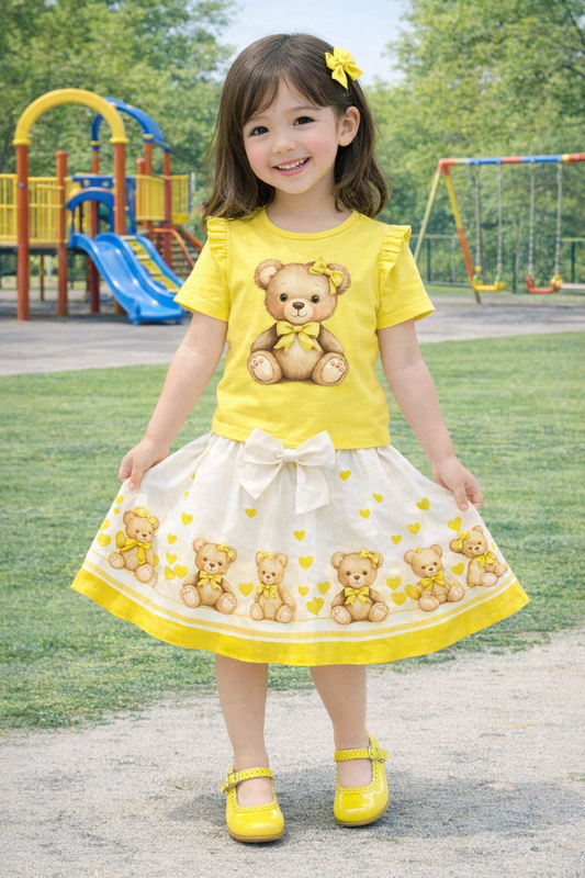 Yellow Teddybear Top & Skirt Set