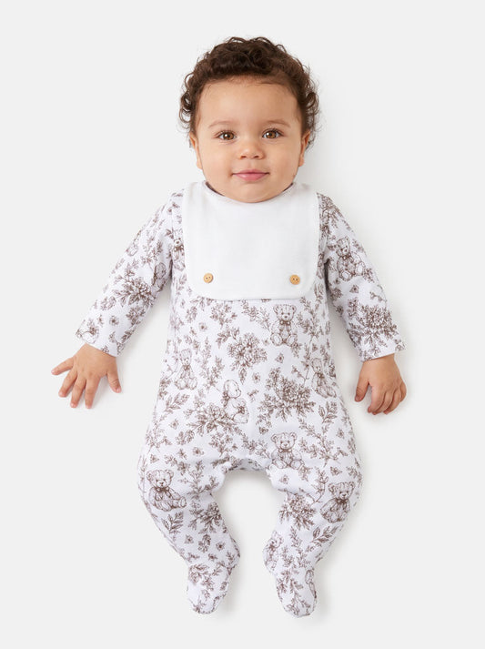 Baby Boys Beige Attached Bib Teddy Babygrow