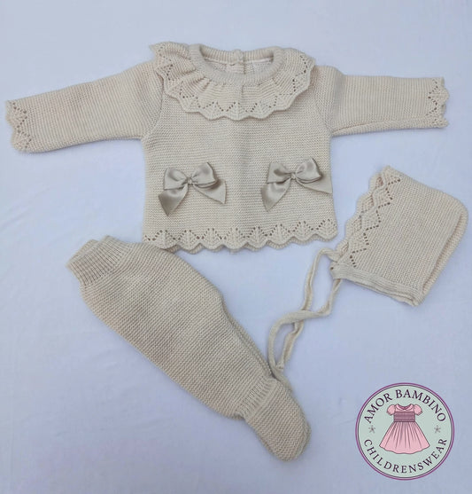 Baby Girls Ruffle Collar Beige 3 piece Knitted Set