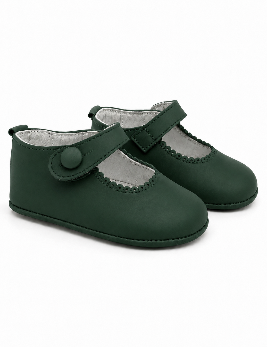 Bottle Green Leather Baby Girls Button Pram Shoes - In Stock