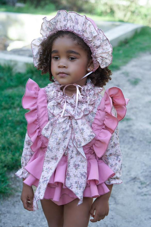 Ela Confeccion AW25 Girls Floral Ruffle Pinafore Romper & Bow Blouse Set - (Made to order)