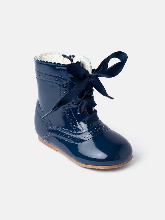 Girls Navy Spanish Leather Scalloped Edge Boots