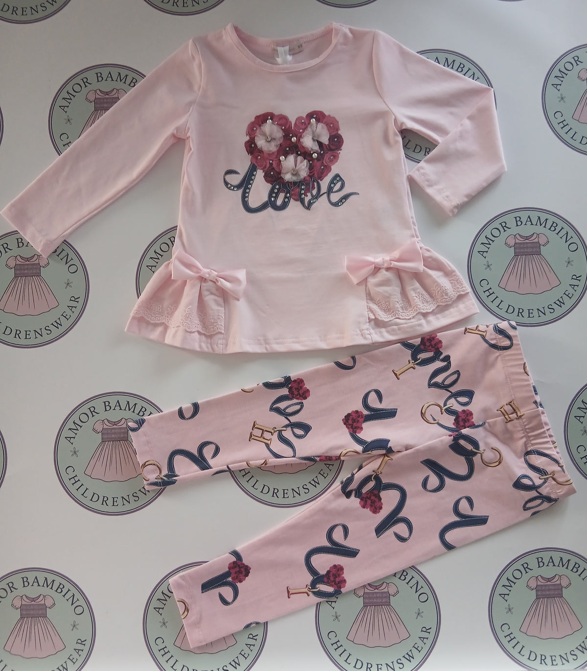 Girls Love Heart Pink Top & Leggings Set In Stock