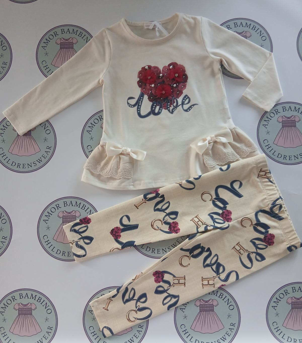 Girls Love Heart Cream Top & Leggings Set In Stock