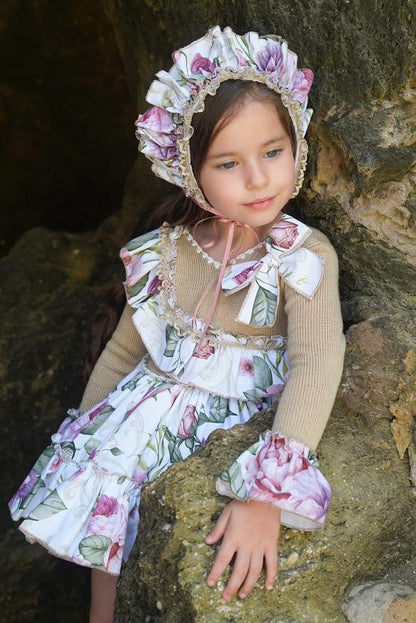 Ela Confeccion AW25 Girls Camel Knitted Floral Puffball Dress Set - (Made to order)