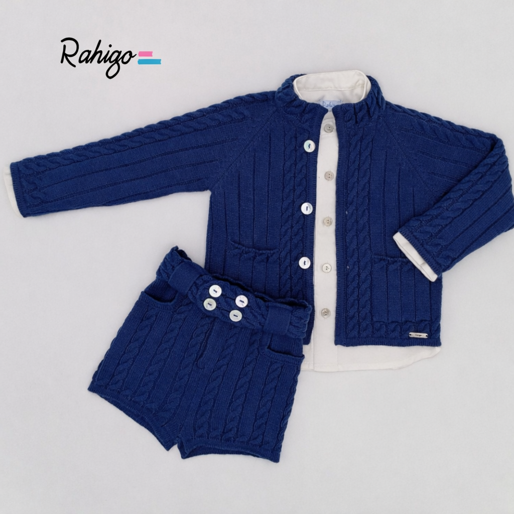 Rahigo Boys Oxford Blue Cardigan, Shirt, Shorts Pom Hat & Socks Set - AW26 (Preorder)