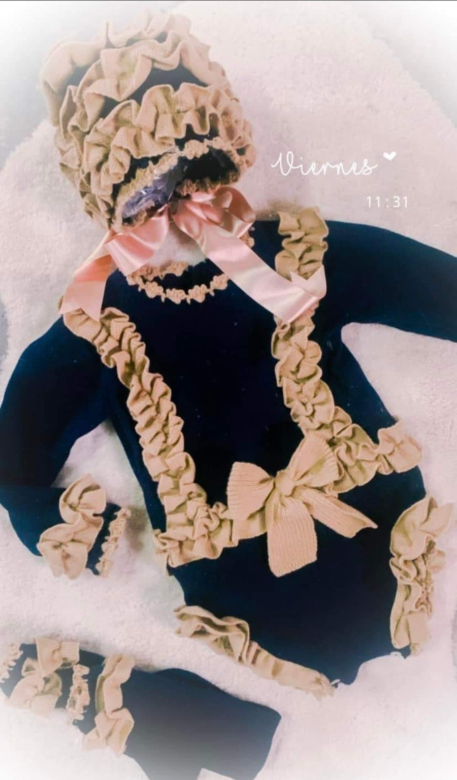 Ela Navy & Camel Hand Knitted Romper Set - AW