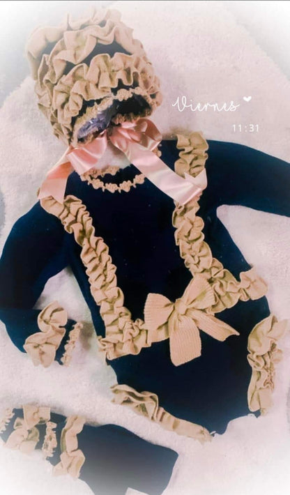 Ela Navy & Camel Hand Knitted Romper Set - AW
