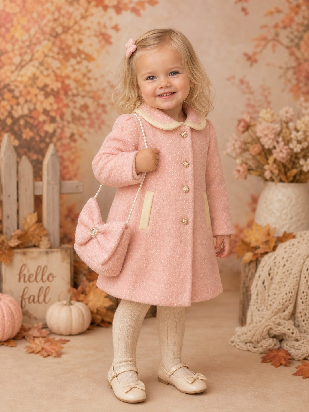 Girls Pink Pattern Coat with Matching Bag Set