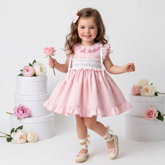 Sonata Girls Pink Smocked Polka Dot Dress & Hairbow SS26 - (Made To Order)